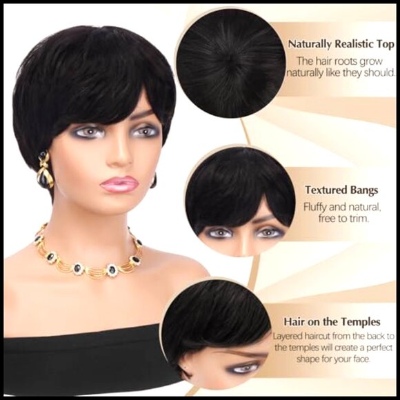 Human Hair Pixie Cut Wig Glueless Layered Straight Short Wig with Bangs main image 7